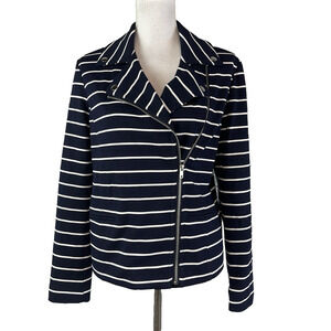 Roz & Ali Blazer Jacket sz Small Navy Blue White Striped Sailor Nautical Stretch